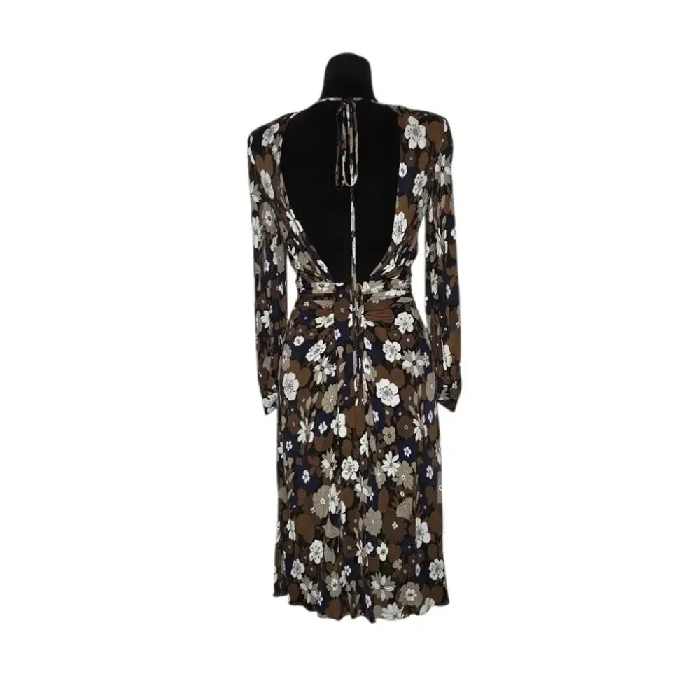 Michael Kors Collection Floral Ruched Open Back Plunge Designer Dress Italy Sz 2 - Picture 4 of 11